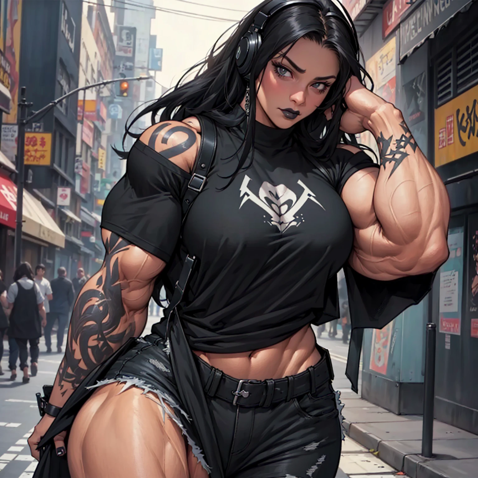 masterpiece, realistic, detailed, young woman, (hypermuscle:1.7), long straight black hair, goth, ((loose baggy oversized black band tshirt)), (innocent expression:1.2), black lipstick, small waist, massive thighs, headphones, tattoos, (detailed face, beautiful face, realistic face), (huge lips) walking, crowded street