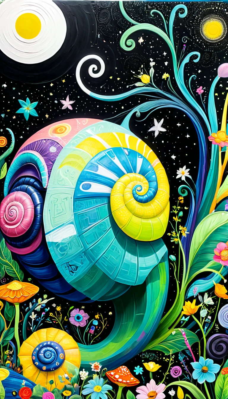 Children's graffiti,Thick coating,Concave and convex texture,Oil pastel strokes:Colorful black,A big snail、house、flowesh、Tentacles、bird、Eye、diatom,Abstract mosaic painting,Describing the inner world of autistic people,Sense of space,White Space,interesting,Innocence,Psychedelic Art,