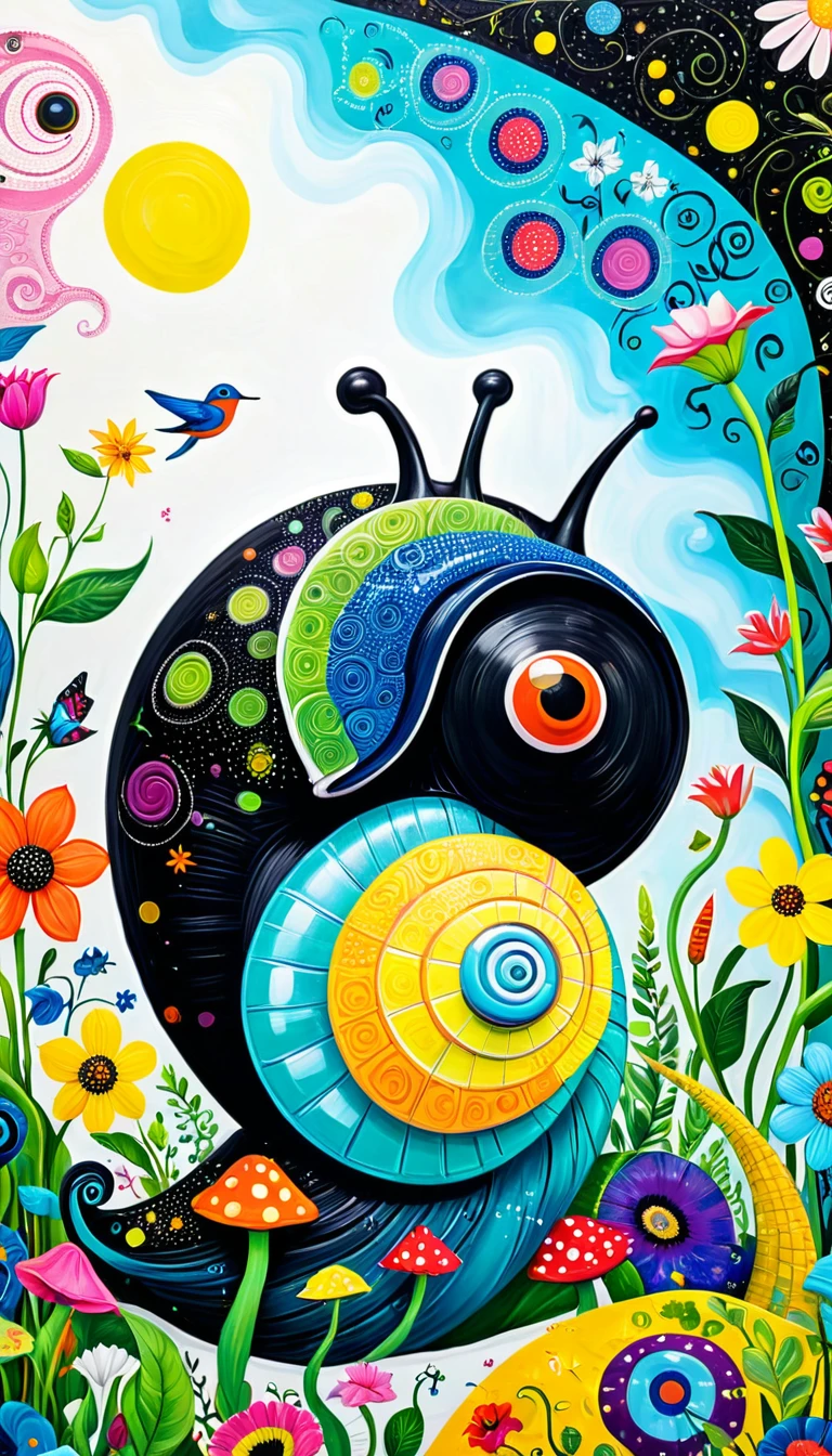 Children's graffiti,Thick coating,Concave and convex texture,Oil pastel strokes:Colorful black,A big snail、house、flowesh、Tentacles、bird、Eye、diatom,Abstract mosaic painting,Describing the inner world of autistic people,Sense of space,White Space,interesting,Innocence,Psychedelic Art,