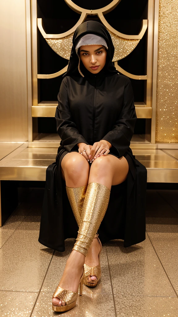 woman sitting , ameera al taweel, femme, arab ameera al taweel, woman in black robes, inspired by Maryam Hashemi, elegant lady, wearing black robe, feet pic, only feet, under deck, a close up of a person wearing glitter shoes and jeans, sparkly, glitter, rose gold, shimmer detailed, high heels, femme, shoes, high shoes, metallic, wearing open toe heels, glittery, fashionable, heels on her feet, gold, sequins, sparkles, shimmering, golden glistening, shiny gold, beautiful, silver gold details