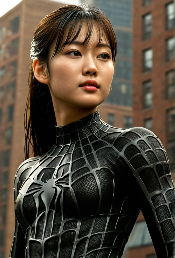 score_9, score_8_up, score_7_up, best quality, realistic, masterpiece, beautiful detail, hyperrealistic, afternoon sky, ((1girl, woman body, big breasts)), amazing detailed full body portrait of korean girl, wearing a realistic and highly detailed black raimi spider-man suit, ((huge muscular girl)), professional model wears ultra - detailed black raimi spider - man suit, ultra - detailed and grained black raimi spiderman suit, suit covered entire body and hand, black spiderman gloves, wet, (spider pose), (full body), (dirty skin), close up, octane render, highly detailed, volumetric, dramatic lighting, (highest quality:1.1), (HDR:1.3), (top quality, best quality), realistic, high definition