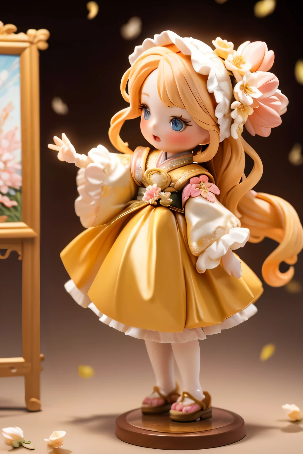 a porcelain doll standing in front of a painting, golden blonde hair, yawning expression, rococo style, (highly detailed figure), flowing sakura-colored silk, sakura petals, flowing sakura silk, photographed from the side, strong bokeh, seasonal changes!!