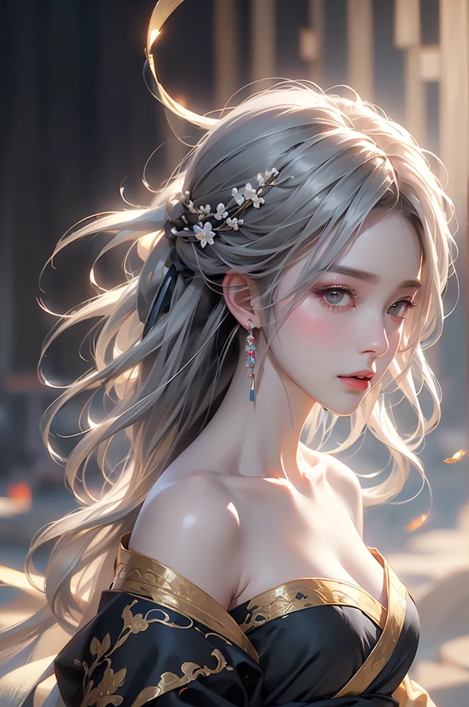 ((Picture from the waist up:1.3))super high quality, masterpiece, Perfect illustration, Very detailed (Exquisite light and shadow, Very dramatic photo,Backlight) , ((Gray Hair:1.5))1 Girl,(( alone:1.6)), (Wearing Han clothes, Black Hanfu,Monotony,Long sleeve、Gorgeous costumes、Highly decorated Hanfu) Flower Field, Flowers, (White smoke:1.3) (Realistic:1.4), Zen Intertwining, Tangled, Official Art, unity 8k wallpaper, Very detailed, Beautiful and beautiful, masterpiece, Highest quality, (Dynamic Angle: 1.4), Glowing Skin, (Floating colorful flashes: 1) The most beautiful chaotic shapes, elegant, Brutalist Design, Bright colors, Romantic Depth of Field Exotic_dance, half_naked、Expose your shoulders、Ample breasts、Great cleavage、Dynamic pose、Backlight,((from back side))