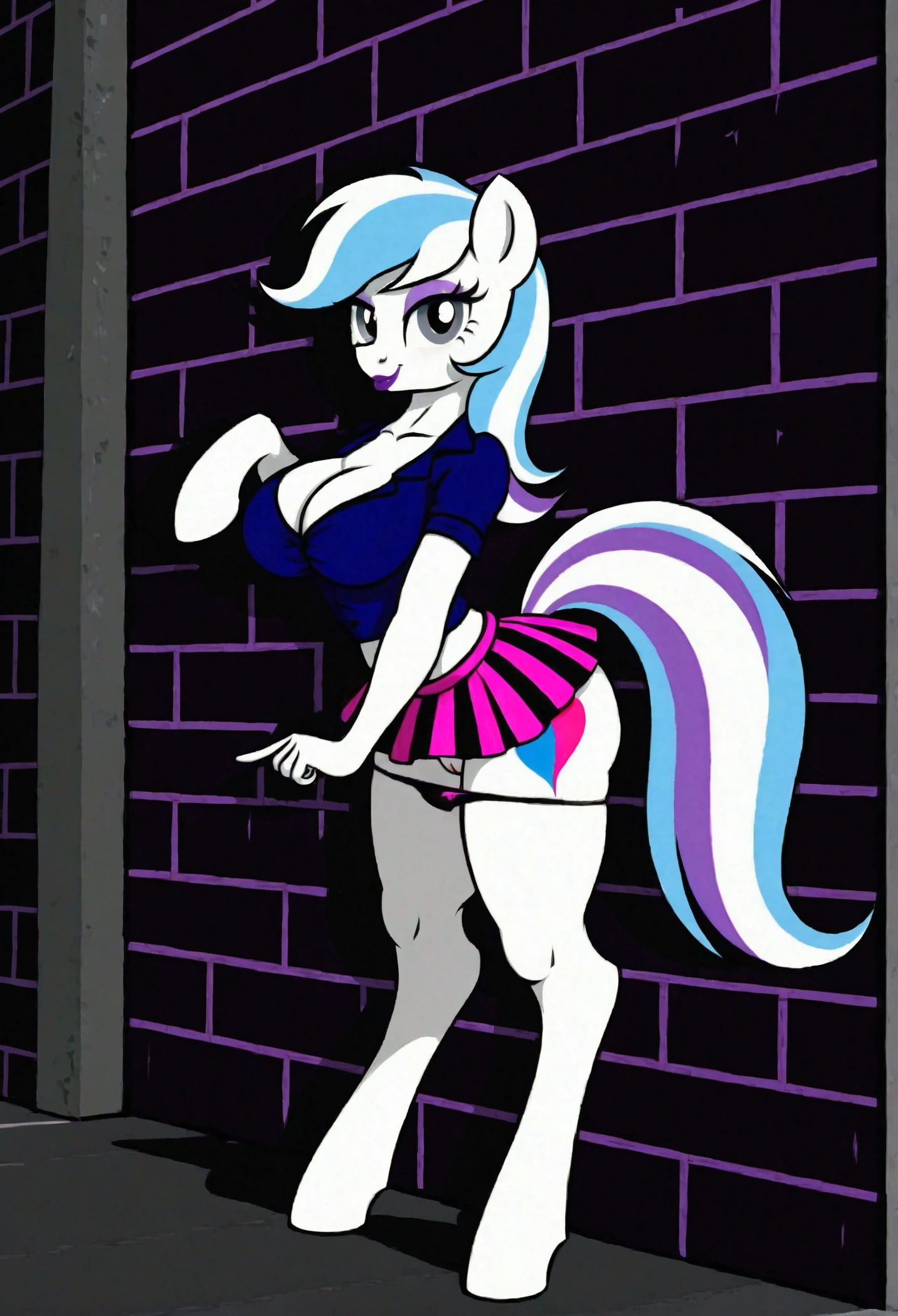 vibrant colors, 8K, high resolution, highly detailed, masterpiece, ((my little pony)), (black striped white hair), (pale white body), (gray eyes), standing, big breasts, beautiful body, purple lips, thong, slave, short patterned skirt, light top, ((slut pose on wall)), street 