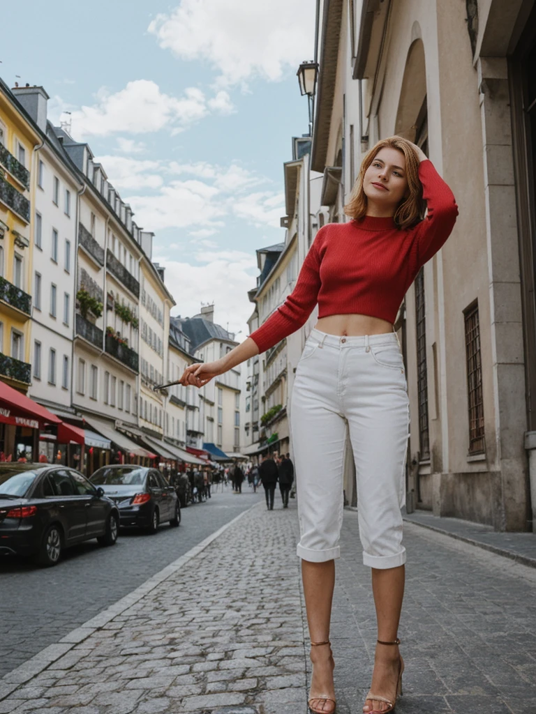 Emily Richardson, 1girl, solo, (((consistent face and image))), ((20 years old)), realistic, photorealistic, (red cranky hair), short hair, (((Caucasian mature woman))), (Swiss woman), (Swiss nose), (Swiss thick lips), posing outside the Iconic landmark, perfect for classic Parisian backgrounds, upper body and upper legs, smirking, standing, wearing In style in trend Generation-Z modern wear different colored,