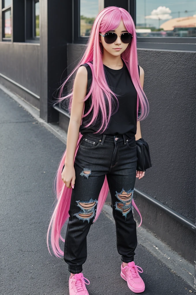 Cute anime girl, animated, long and straight pink hair, side swept bangs, black gloves, black and neon pink sleeveless sport shirt, black designer denim pants, black and purple shoes, and pink sunglasses, 14 year old
