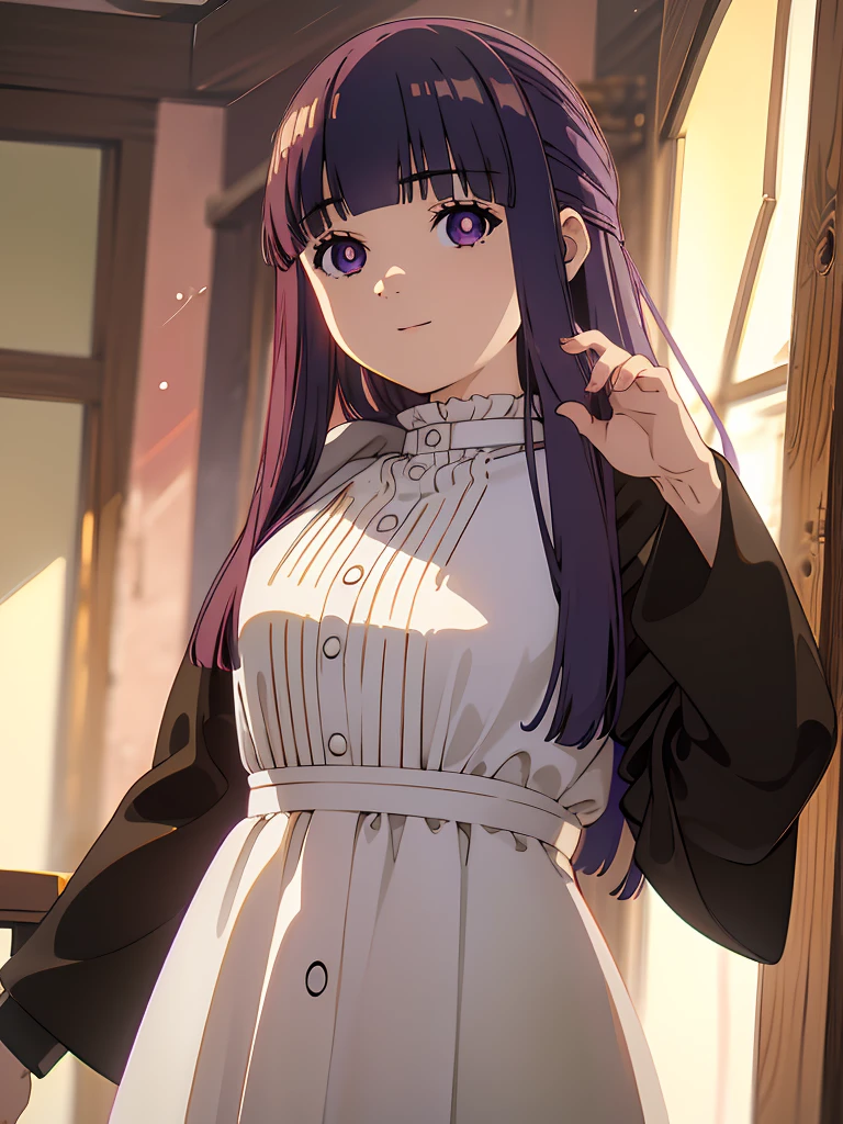 è²ä¼¦,1girl,solo,red-haired,long hair,green eyes,blunt bangs,sidelocks,half updo,bright pupils, hair ornament,frilled collar,black robe,white dress,center frills,buttons,wide sleeves,long sleeves,curvy,cowboy shot,brown coat,from side,smile,, Exquisite visuals, high-definition,masterpiece,best quality,, 20yo,Young female,Beautiful Finger,Beautiful long legs,Beautiful body,Beautiful Nose,Beautiful character design, perfect eyes, perfect face,expressive eyes, looking at viewer, official art,extremely detailed CG unity 8k wallpaper, perfect lighting,Colorful, Bright_Front_face_Lighting,shiny skin, (masterpiece:1.0),(best_quality:1.0), ultra high res,4K,ultra-detailed, photography, 8K, HDR, highres, absurdres:1.2, Kodak portra 400, film grain, blurry background, bokeh:1.2, lens flare, (vibrant_color:1.2), (beautiful_face:1.5),(narrow_waist),