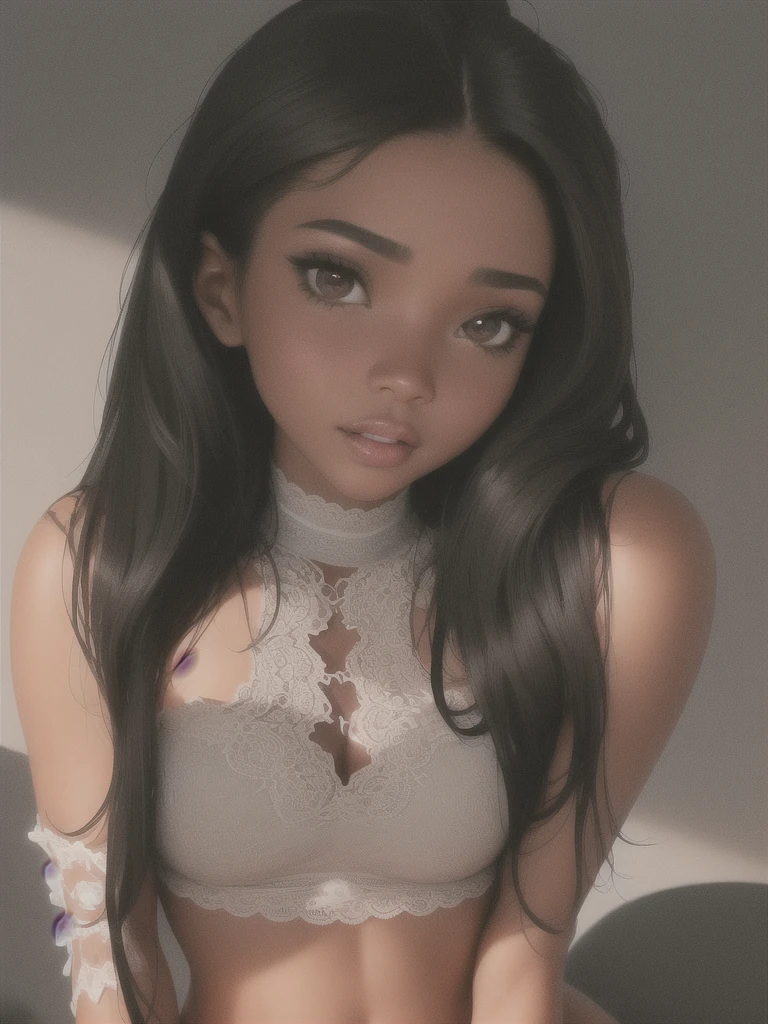 "Complete artwork masterpiece, high quality, ultra detailed in 4k, 8k, high resolution, hyper-realistic photo, hyper-detailed, realistic skin texture, amazing shadows, background, extremely detailed texture, perfect lighting, high-level image quality." The female protagonist of a ecchi game, brown skin, Full body, Black sports top, long black hair, brown eyes, defined face, small breasts, collar, use reference picture as role model, armpit, arms up tied in bed