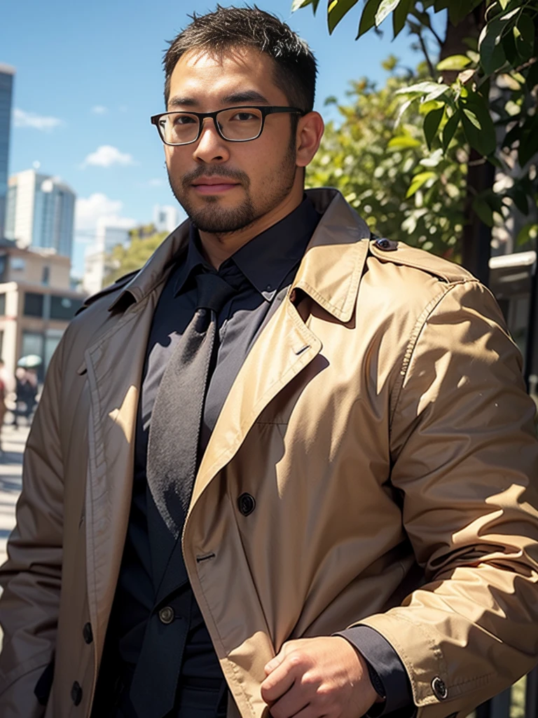 crew cut, (((full body))), (((landscape))), mature man, [slightly fat], asian man, rounded face, brown eyes, ((rounded face)), glasses, balding, 1boy, Solo, (big shoulders), (((stubbles, Short beard))),1man,  vintage art, illustration, (masterpiece), detective, trenchcoat, fedora, gizzled, five o'clock shadow, loose necktie, grim expression, in office