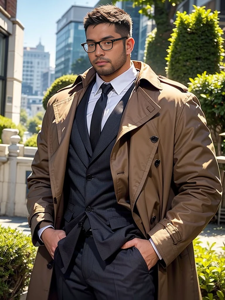 sexy mature daddy, tanned-skin, big bulge, stubble, muscular, mystery detective, foggy city street, trench coat, inquisitive glance