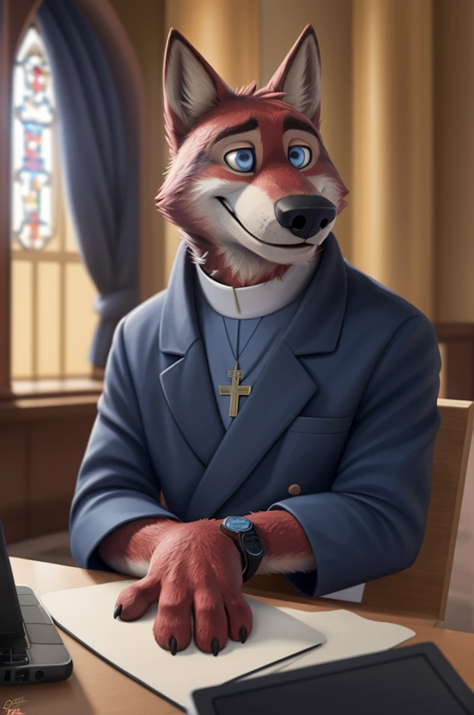 Joachim Wolfbach (Zootopia),tall handsome, wolf,young, 24 years, brown fur,(red body:1.3),Blue eyes, Moscow Dressed,Catholic priest of the Roman Catholic Church, canine, wolf, detailed fur, Male, antro, paw pads, finger claws,holding a laptop, at viewer, 5 fingers, paws, 5 fingers, smile, happy, resting, wrist watch, т nextel, sitting at home watching TV, by xenoforge, (difficult, high detail, film photography, soft focus, RAW, pilot by training,smile смех
фотореализм, realistic, photorealistic, analog style, subsurface scattering,
masterpiece, Best quality, ultra realistic, 8 K)
