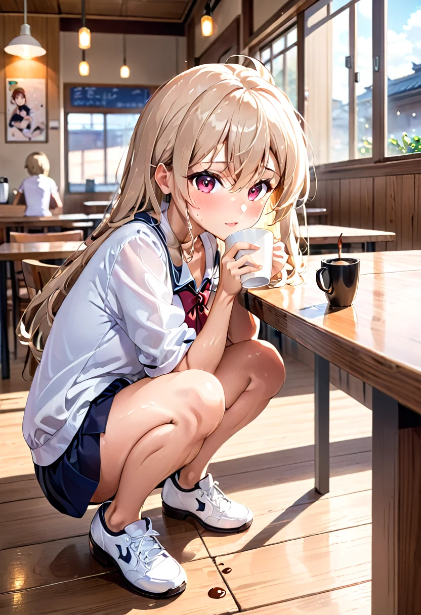 nsfw:1.9, anime girl sitting at a table with a cup of coffee, Anime drawing by Shitao, Pixiv, Sequential Art, Beautiful anime school girl, Enchanting anime girl, Surreal , Cute girl anime visuals, Beautiful anime girl crouching, , Smooth anime CG art, Cute Anime Girl, Splash art anime