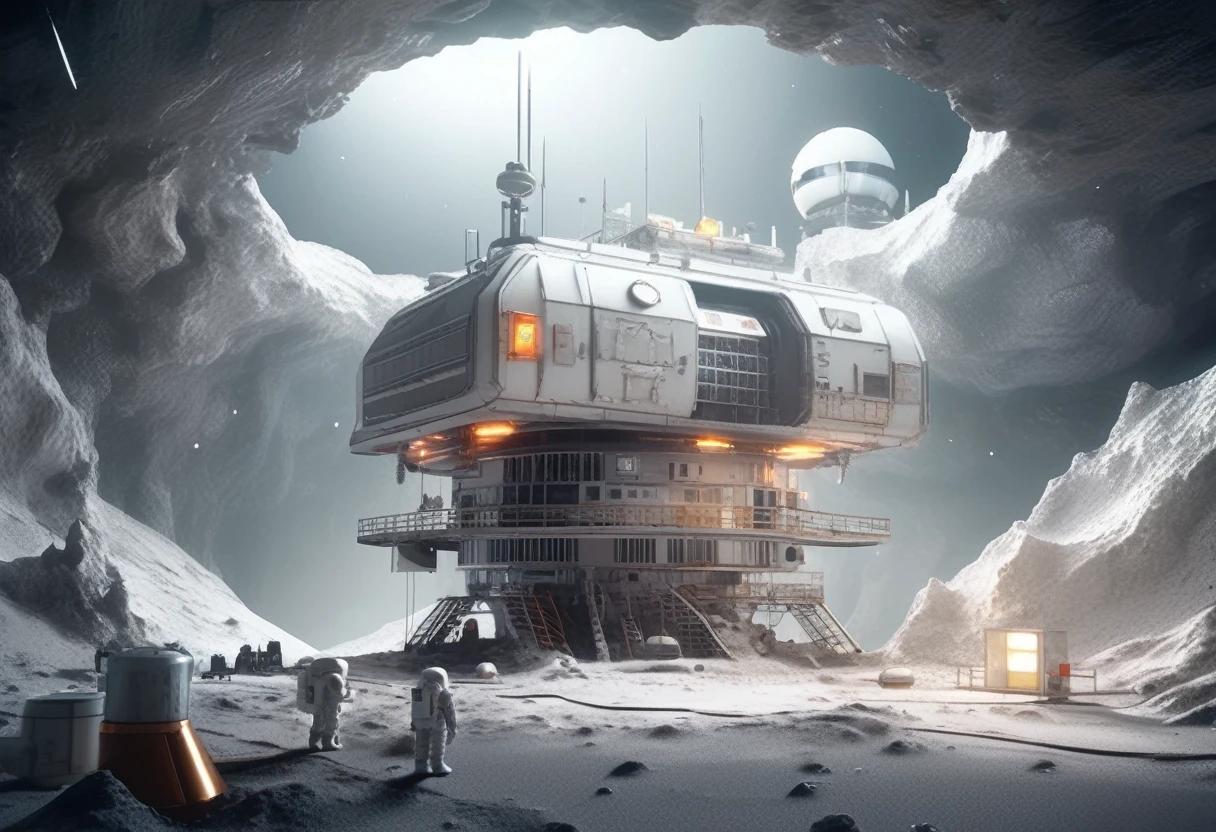 an artist's rendering of a space station on the moon, a detailed matte painting, inspired by Filip Hodas, cg society contest winner, digital art, unreal engine. retro film still, industrial futuristic ice mine, inside a futuristic army base, 8k render”