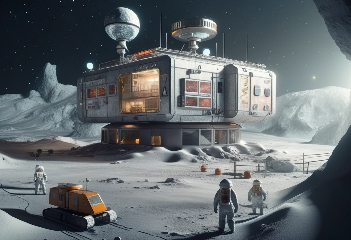 an artist's rendering of a space station on the moon, a detailed matte painting, inspired by Filip Hodas, cg society contest winner, digital art, unreal engine. retro film still, industrial futuristic ice mine, inside a futuristic army base, 8k render”