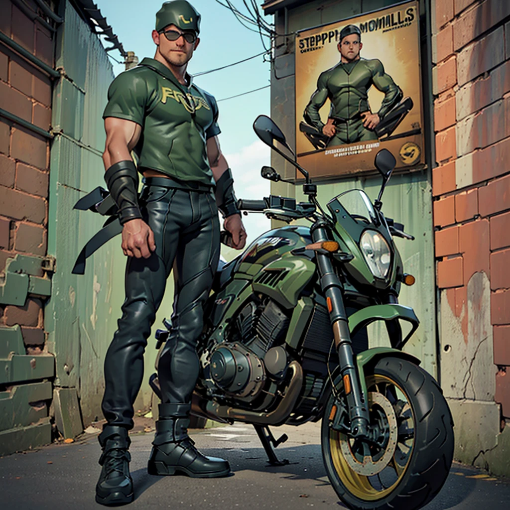 32k, high quality , detailed face , detailed hands , detailed muscles detailed motorcycle , (((stephen amell))) standing near his (((motorcycle 1.2))), posing in a street ,standing with spread legs, showing his muscles, shirtless wearing a very very low dark green pants with brown belt, background brick wall with men health posters