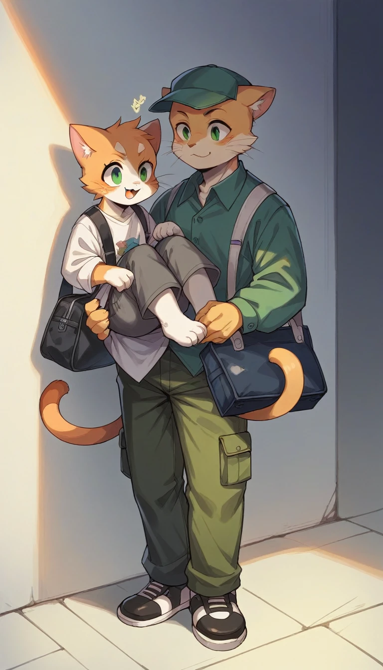 A cartoon style painting,The picture shows a kitten wearing a hat and carrying a school bag,Stand on the doorstep,His cat dad and mom greeted him with open arms,Wearing stylish fursona, Cat boy, Cute cat, Anthropomorphic cats, Hot topics on artstation pixiv, Full body high-grade white, High-quality anime art style, High resolution cargo, Anthropomorphic cats, High Quality Fan Art, Anthropomorphic cyberpunk kitten:tall and big,