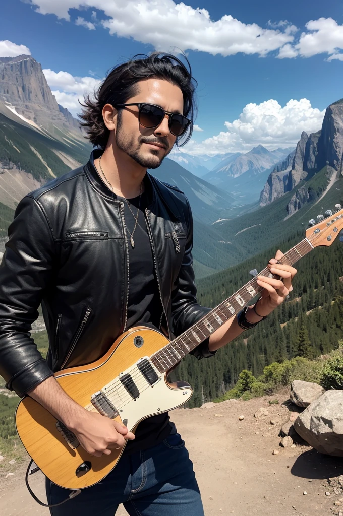 A rocker cricket wearing sunglasses playing guitar with mountains in the background