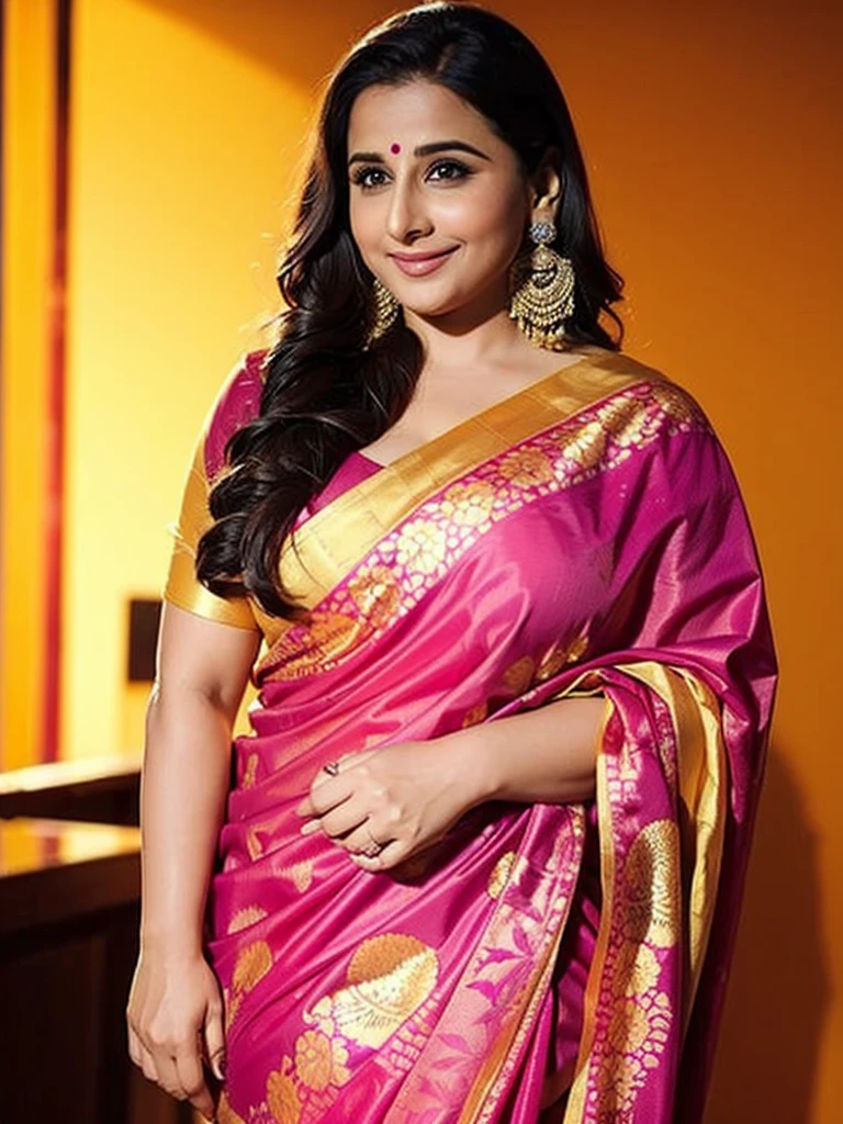 Naughty Queen Vidya Balan,Sultry Plus size exhibitionist amorous lady with huge breasts aThe woman is wearing a vibrant and colorful Indian sari, which is a traditional garment typically worn by women in India. The sari is adorned with a floral pattern, featuring a mix of yellow, pink, and purple hues.