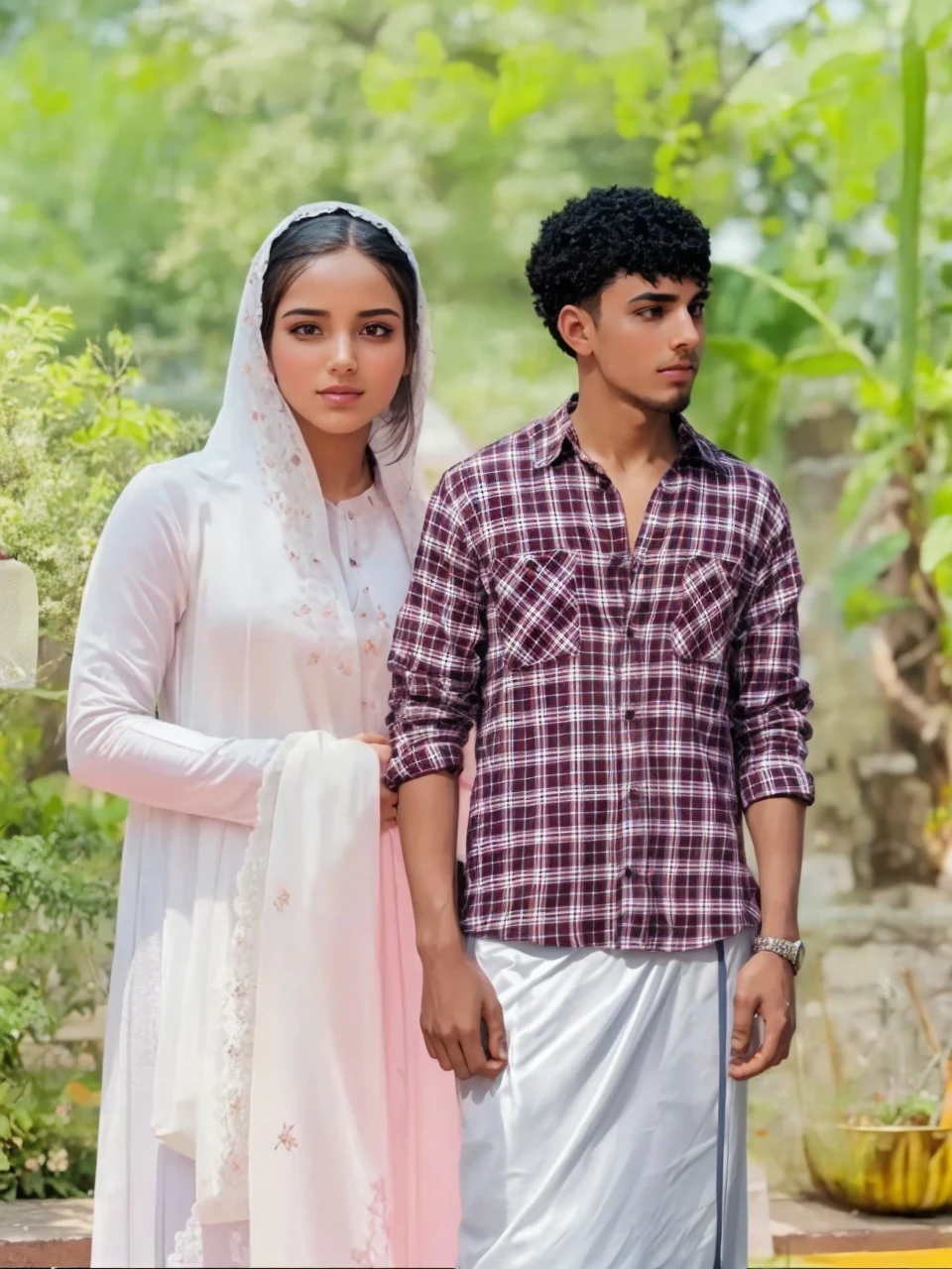 a hijab girl and a no hijab man, reading a book in a garden full of flowees