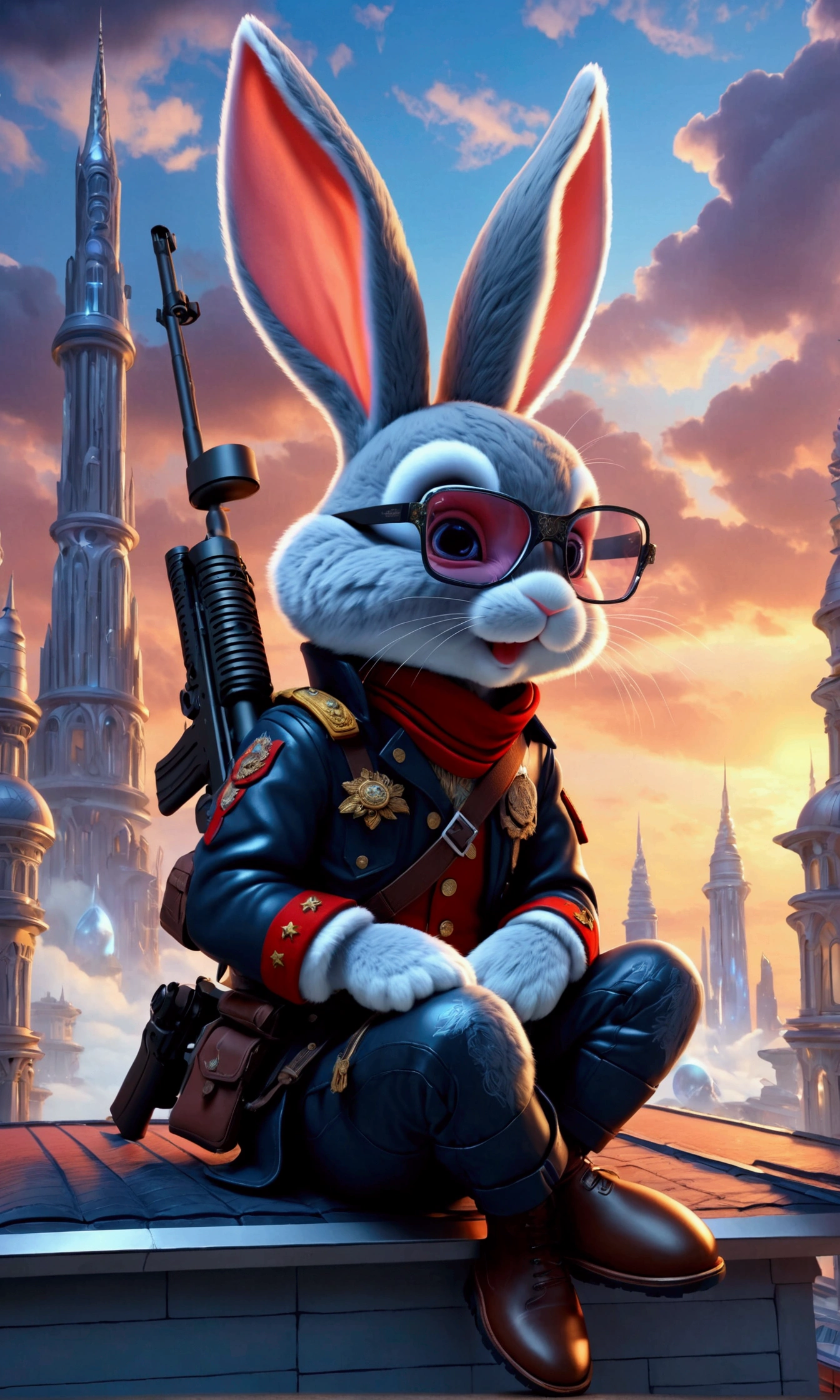 (Close-up of anthropomorphic bunny sitting on edge of roof and aiming with elite sniper rifle:1.3), (rifle has ornate golden handle:1.1), (stylish high-neck military jacket:1.1), white-pink clothes, (leather gloves, cool glasses:1.1), (pants with pockets:1.2), (background is futuristic crystal towers:1.1), (beautiful romantic cloudy twilight:1.2), (futuristic architecture with intricate otherworldly design:1.2), bright colors, masterpiece in maximum 16K resolution, best quality, ultra detailed, aesthetics, absurdes.
