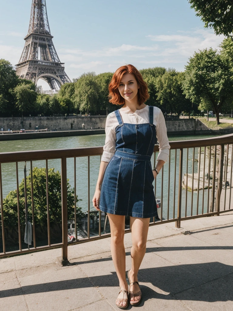 Emily Richardson, 1girl, solo, (((consistent face and image))), ((20 years old)), realistic, photorealistic, (red cranky hair), short hair, (((Caucasian mature woman))), (Swiss woman), (Swiss nose), (Swiss thick lips), posing outside the Iconic landmark of Eifel tower, perfect for classic Parisian backgrounds, upper body and upper legs, smirking, standing, wearing In style in trend Generation-Z modern wear different colored,