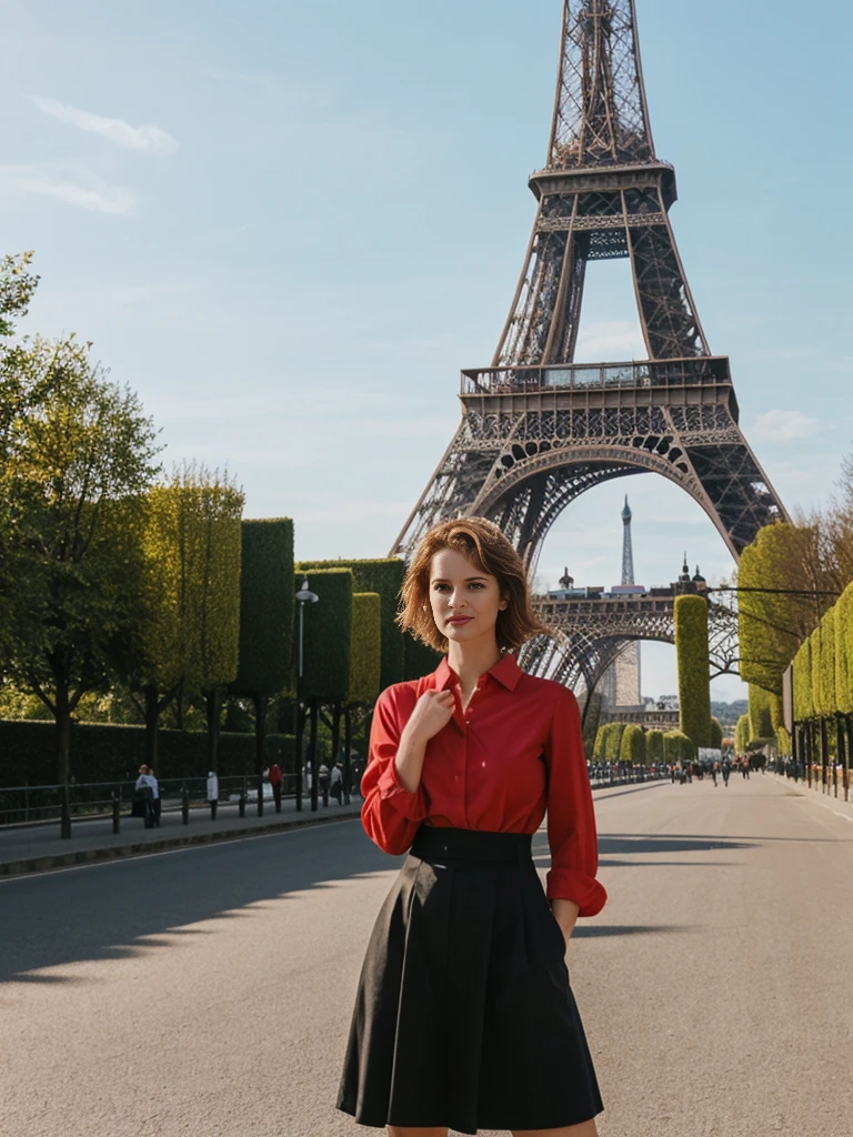 Emily Richardson, 1girl, solo, (((consistent face and image))), ((red hair)), ((cranky hair)), ((20 years old)), realistic, photorealistic, (red ((cranky)) hair), short hair, (((Caucasian mature woman))), (Swiss woman), (Swiss nose), (Swiss thick lips), posing outside the Iconic landmark of Eifel tower, perfect for classic Parisian backgrounds, upper body and upper legs, smirking, standing, wearing In style in trend Generation-Z modern wear different colored,