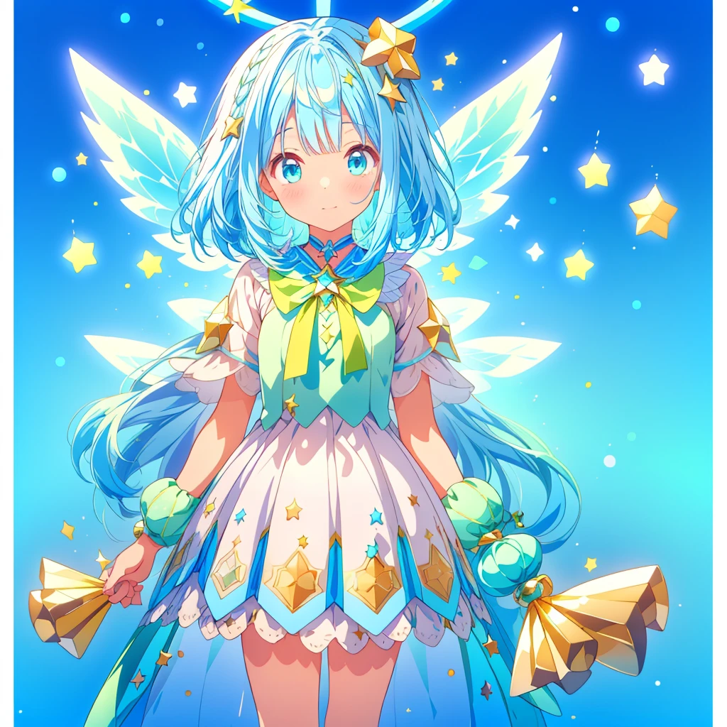 1girginal and unique cute hairstyle、Star Fairy、Star incarnation、Character design front view、A picture facing the viewer、(((Super detailed、Highest quality、Masterpiece)))、Original cute hairstyle、Milky white and blue hair color、Simple Green Background、vtuber-fullbody,