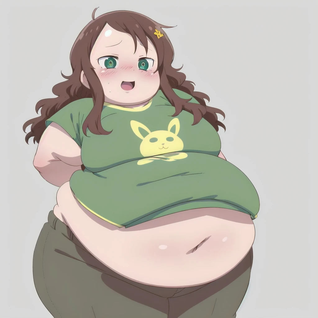 upper body, riko, 1girl, solo, t-shirt, brown hair, hair ornament, looking at viewer, green eyes, blush, :o, short hair, simple background, arms behind back, standing, smile, blush, solo, 1girl, SSBBW riko saikawa, big cheeks, ssbbw, severely obese, 600lbs obese female, no pupils, ultra detailed, masterpiece, best quality, aesthetic, detailed, Fluffy and Fat Face, Big Butt, Big Cheeks, Obese Body, Sexy, Obese Girl, Happy, Cute Expression, Very Hot, bbwchan, nsfw art, manhwa, oppai proportions, she has a jiggly fat round belly, body swelling about to explode, thicc, with a large breasts, doujin, very thick thighs, obese arms, obese belly, big cheeks, Slob body