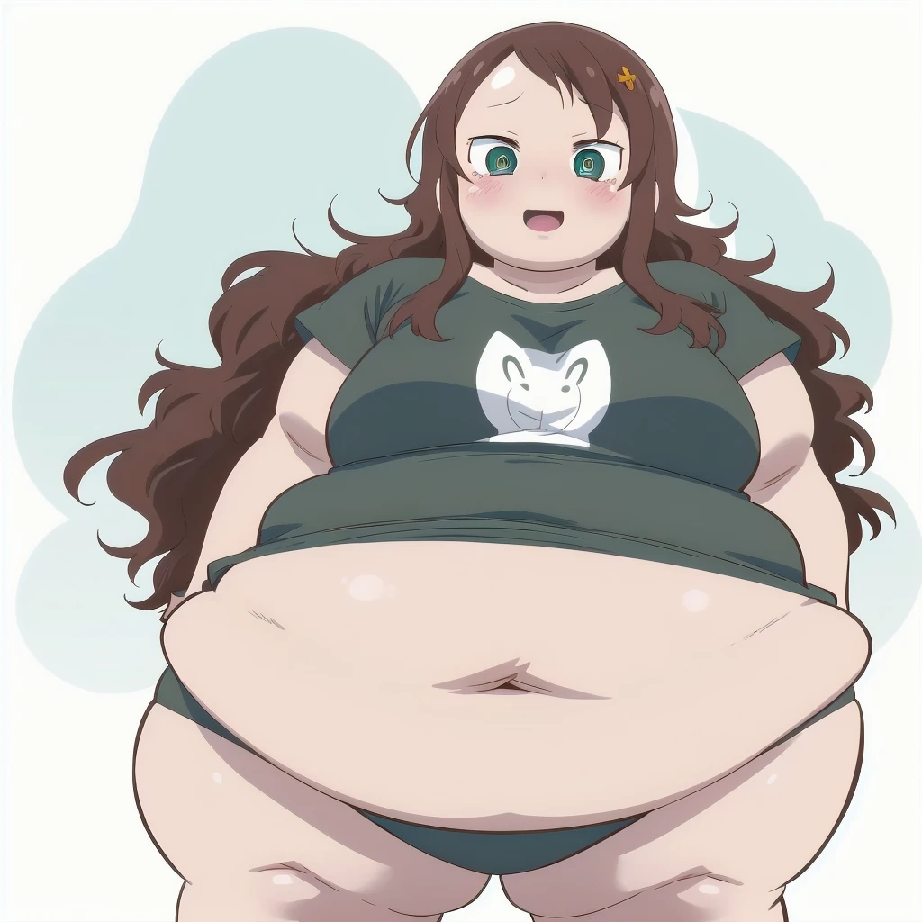 upper body, riko, 1girl, solo, t-shirt, brown hair, hair ornament, looking at viewer, green eyes, blush, :o, short hair, simple background, arms behind back, standing, smile, blush, solo, 1girl, SSBBW riko saikawa, big cheeks, ssbbw, severely obese, 600lbs obese female, no pupils, ultra detailed, masterpiece, best quality, aesthetic, detailed, Fluffy and Fat Face, Big Butt, Big Cheeks, Obese Body, Sexy, Obese Girl, Happy, Cute Expression, Very Hot, bbwchan, nsfw art, manhwa, oppai proportions, she has a jiggly fat round belly, body swelling about to explode, thicc, with a large breasts, doujin, very thick thighs, obese arms, obese belly, big cheeks, Slob body