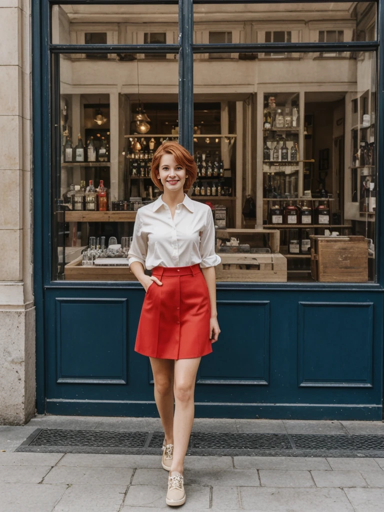 Emily Richardson, 1girl, solo, (((consistent face and image))), ((20 years old)), realistic, photorealistic, (red cranky hair), short hair, (((Caucasian mature woman))), (Swiss woman), (Swiss nose), (Swiss thick lips), posing outside the Iconic landmark, perfect for classic Parisian backgrounds, upper body and upper legs, smirking, standing, wearing In style in trend Generation-Z modern wear different colored,
