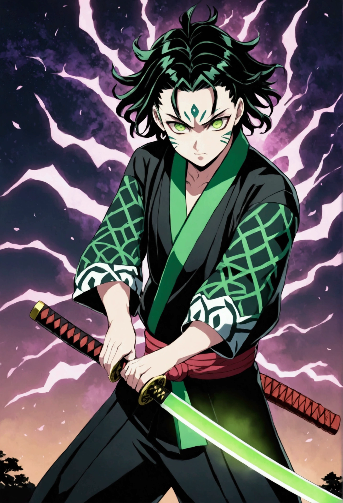 One Guy, Kimetsu no Yaiba, katana, toxic breathing style, black clothes, lime green eyes, sword slash, green sword aura, night backround, fixed arms, detailed arms and katana, human version, toxic aura swing
