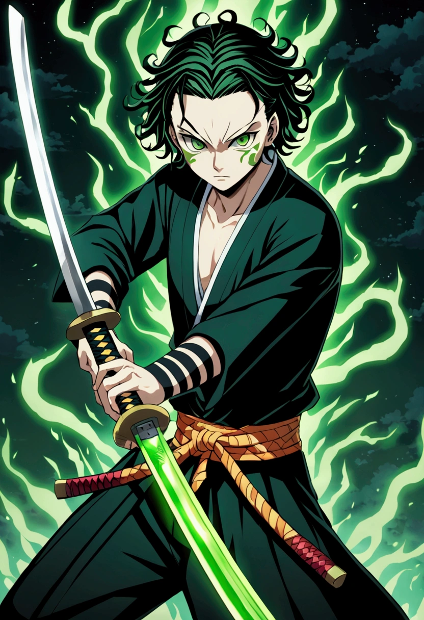 One Guy, Kimetsu no Yaiba, katana, toxic breathing style, black clothes, lime green eyes, sword slash, green sword aura, night backround, fixed arms, detailed arms and katana, human version, toxic aura swing