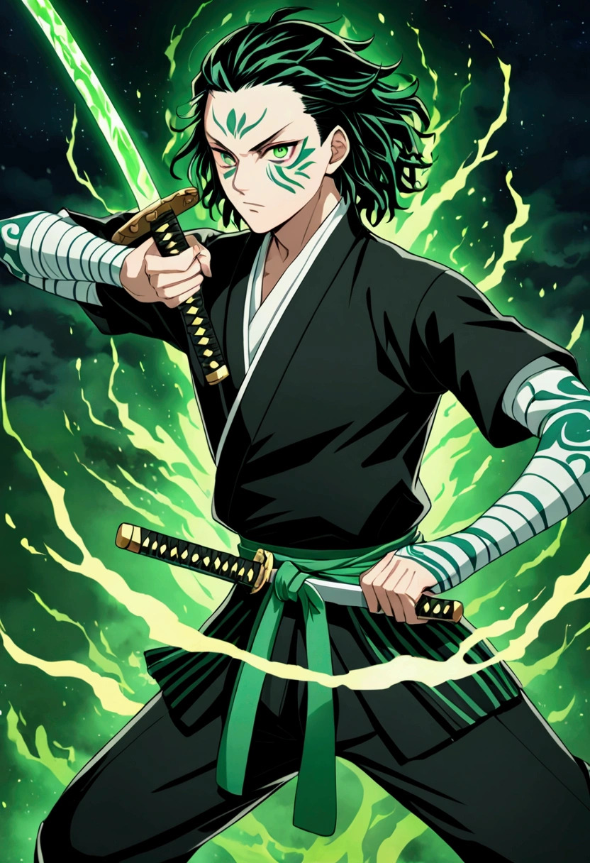 One Guy, Kimetsu no Yaiba, katana, toxic breathing style, black clothes, lime green eyes, sword slash, green sword aura, night backround, fixed arms, detailed arms and katana, human version, toxic aura swing
