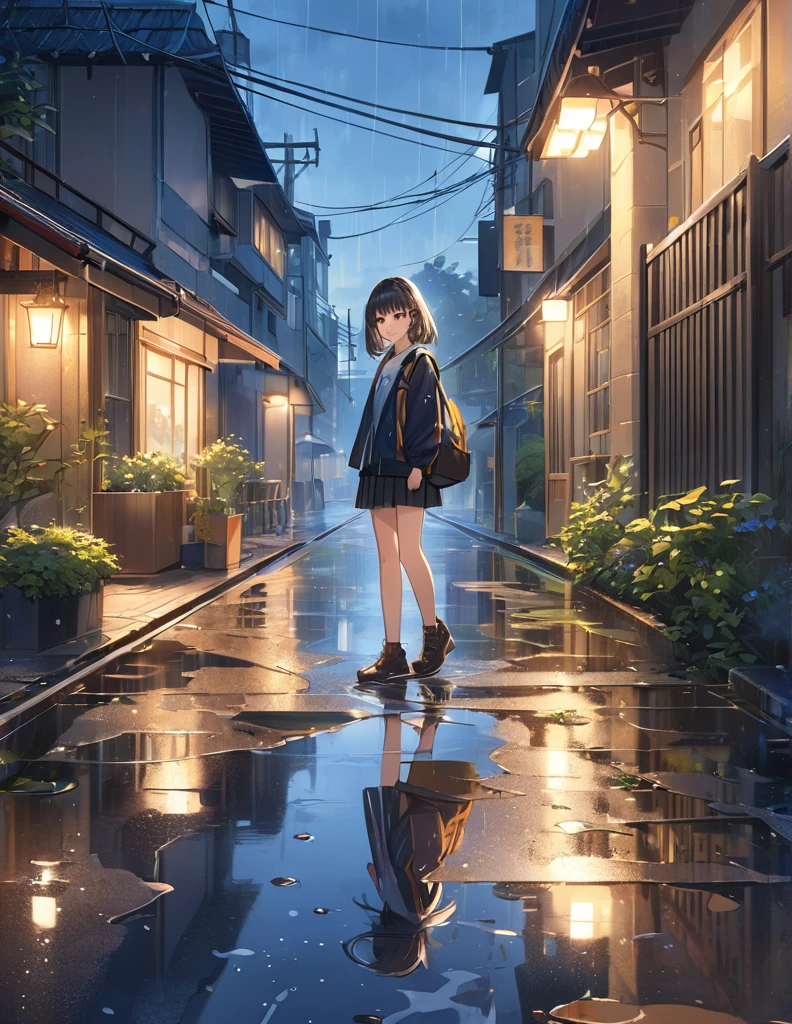 (Anime Style:1.4),A soft touch to painting、超High resolution, Attention to detail, high quality, High resolution, 最high quality, 4K, 8k,Road after the rain、evening、Puddle and girl's feet、Pastel color effect