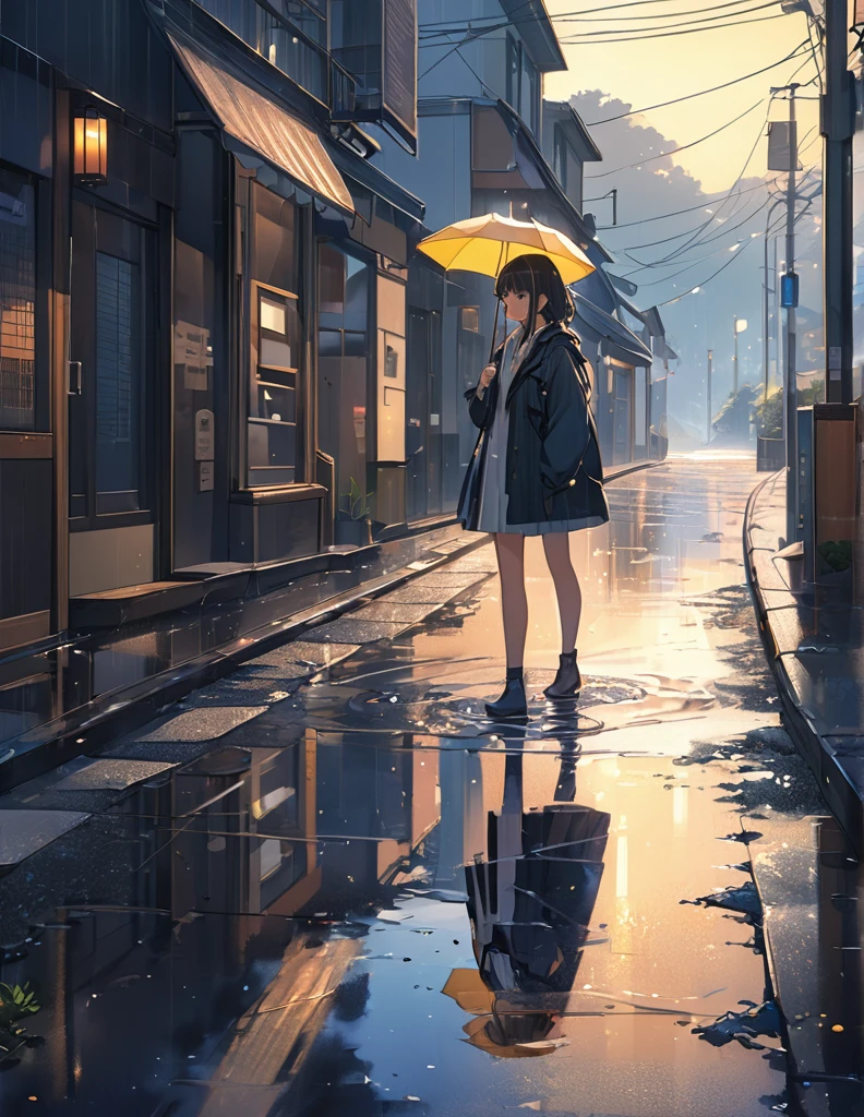 (Anime Style:1.4),A soft touch to painting、超High resolution, Attention to detail, high quality, High resolution, 最high quality, 4K, 8k,Road after the rain、evening、Puddle and girl's feet、Pastel color effect