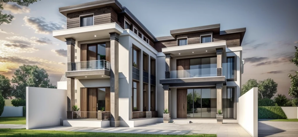PLATEFORME KTHOUSE, 1 deadly villa, villa main material about color wall construction:1.2 glass panels:1.1 and stone:1.2, 1 large courtyard, 1 road passes in front of the house, (photo brute, Real, best quality, head of'artwork:1.2), avoir l'modern and minimalist look, 1 route devant la maison, Dynamic lighting:1.3, (hyper Realistic, photo-Realistic:1.2), high quality, (dark lighting:1.2), perfect lighting, archaic, Aucun humain