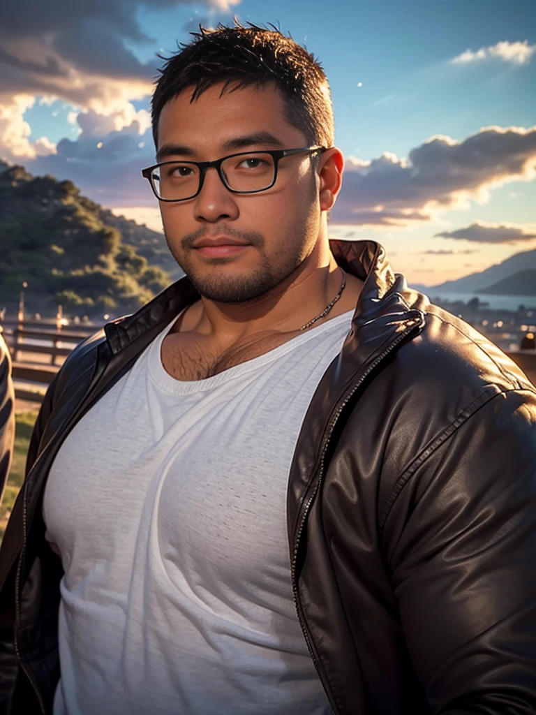 crew cut, (((full body))), (((landscape))), mature man, [slightly fat], asian man, rounded face, brown eyes, ((rounded face)), glasses, balding, 1boy, Solo, (big shoulders), (((stubbles, Short beard))), a young man with short, disheveled black hair, close-up portrait, looking directly at the camera, falling through the sky with a parachute, cinematic lighting, dramatic clouds, dynamic composition, high-quality, cinematic, photorealistic, highly detailed, volumetric lighting, beautiful blue hour sky, stunning natural lighting