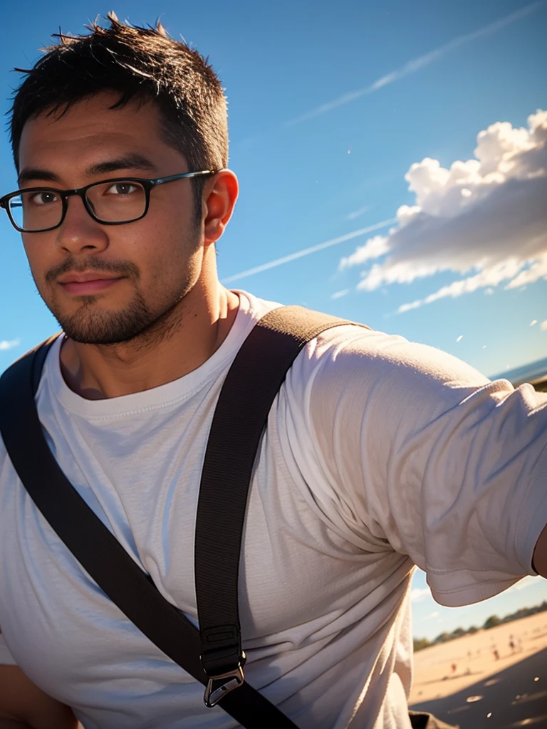 crew cut, (((full body))), (((landscape))), mature man, [slightly fat], asian man, rounded face, brown eyes, ((rounded face)), glasses, balding, 1boy, Solo, (big shoulders), (((stubbles, Short beard))), a young man with short, disheveled black hair, close-up portrait, looking directly at the camera, falling through the sky with a parachute, cinematic lighting, dramatic clouds, dynamic composition, high-quality, cinematic, photorealistic, highly detailed, volumetric lighting, beautiful blue hour sky, stunning natural lighting