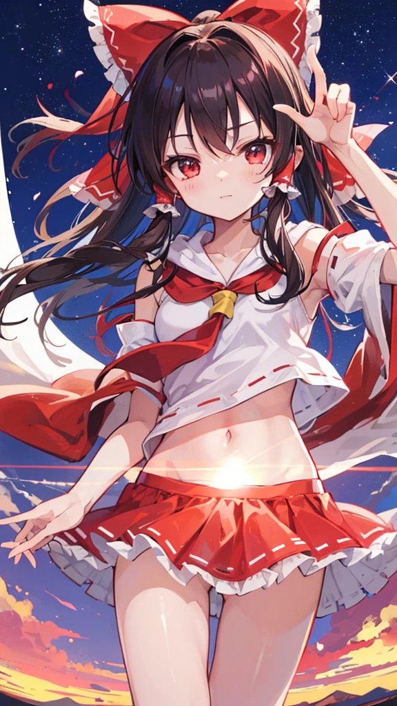 (Best image quality), Reimu Hakurei, sunset, hands back、ストリートキャップ、hoodie