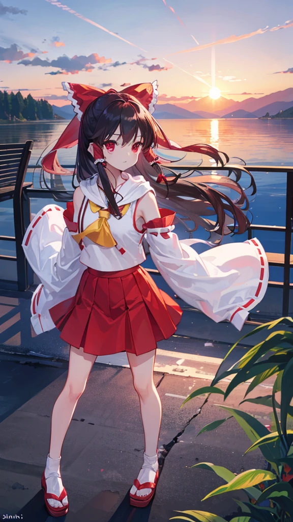 (Best image quality), Reimu Hakurei, sunset, hands back、ストリートキャップ、hoodie