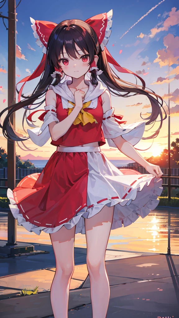 ((1girl)), ((alone)),yaoyorozu momo, ((extremely detailed CG unity 4k wallpaper)), (masterpiece), (ultra quality), (ultra detailed), (best illustration), (best shadow), (extremely detailed), looking at viewer, (absurdities), (detailed background), curvy body, dynamic pose, cowboy photo, large breasts, medium waist, wide hips, wide thighs, round butt,((eyes black, black hair, ponytail, long hair, hair up, white shirt, neckline, off-the-shoulder shirt, bare shoulders, long sleeves, red skirt, bare legs, tight short skirt, collarbone, smile, closed mouth)), standing, cowboy photo, backlight, ((solo)), ((standing: 1.4, outdoor, park, trees, cityscape, sunset, (serene expression, blushing, ,sexy, closed mouth, sexy pose), looking back, from behind, ((focus on ass), point of view: (from middle), perfect anatomy, perfect hands,
