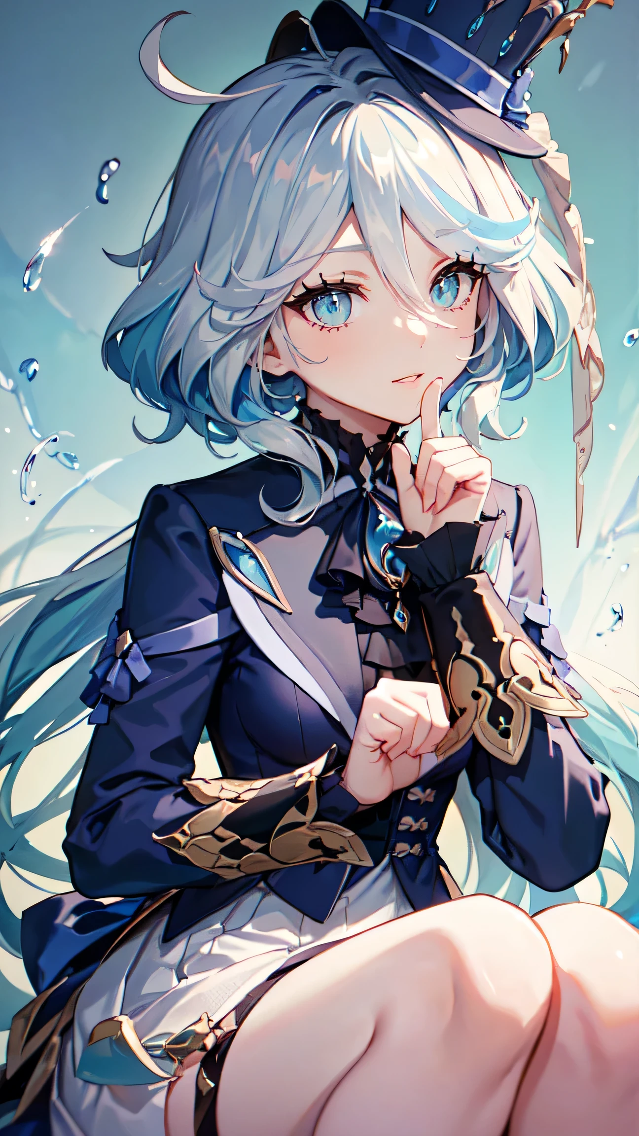 (White skirt),(((Wearing a small black hat)))Forrina, Surrealism, 8K, Super Detail, Hydraulic Archon, permanent, Naughty face, smug, beautiful eyes, masterpiece, high resolution, 8K, Anime woman, The writing is delicate and meticulous 、Detailed digital illustration、(((Genshin Impact))、Shiny hair、A very beautiful woman、High image quality, high quality、Detailed background、The inside of the eye sparkles like a diamond、(((Blue Hair)))、(((Scan your fringe)))、Gradient pupil、(((2 arms、4 fingers, 1 thumb)))、Detailed female face、A very beautiful woman、、Detailed background、masterpiece、Soft Focus , Bright gradient watercolor , lens flare , (((flash))) , glow , excellent ,、((Very beautiful light blue rose hair accessories)), maxiskirt,City background