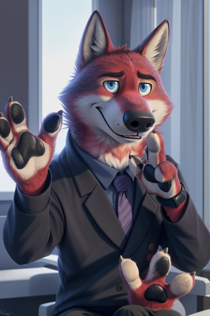 Joachim Wolfbach (Zootopia),tall handsome, wolf,young, 24 years, brown fur, hair on the head,(red body:1.3),Blue eyes, Moscow Dressed, shirt,blazer, tie,trousers,canine, wolf, detailed fur, Male, antro, paw pads, finger claws, waving, waving at viewer, 5 fingers, paws, 5 fingers, smile, happy, resting, wrist watch, т nextel, sitting at home watching TV, by xenoforge, (difficult, high detail,digital photography, soft focus, RAW,in hospital, treats patients, nose surgery,
photorealism, realistic, photorealistic, analog style, subsurface scattering,
masterpiece, Best quality, ultra realistic, 8 K)