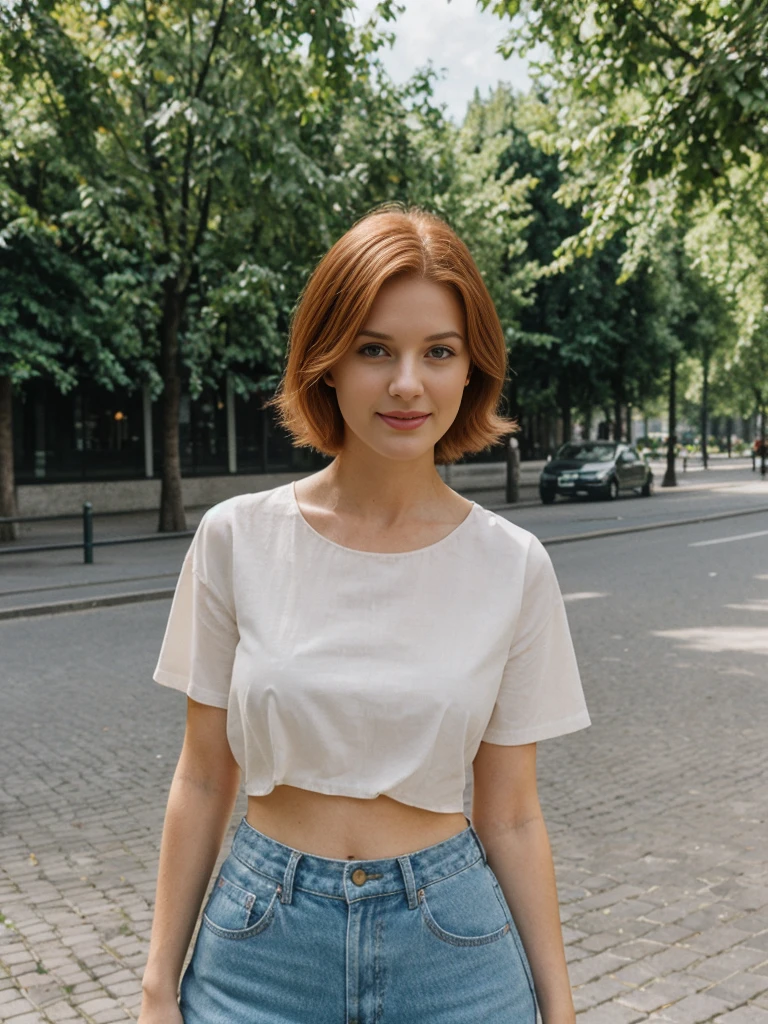 Emily Richardson, 1girl, solo, (((consistent face and image))), ((20 years old)), realistic, photorealistic, (red cranky hair), short hair, (((Caucasian mature woman))), (Swiss woman), (Swiss nose), (Swiss thick lips), posing outside the Iconic landmark, perfect for classic Parisian backgrounds, upper body and upper legs, smirking, standing, wearing In style in trend Generation-Z modern wear different pastel colored,