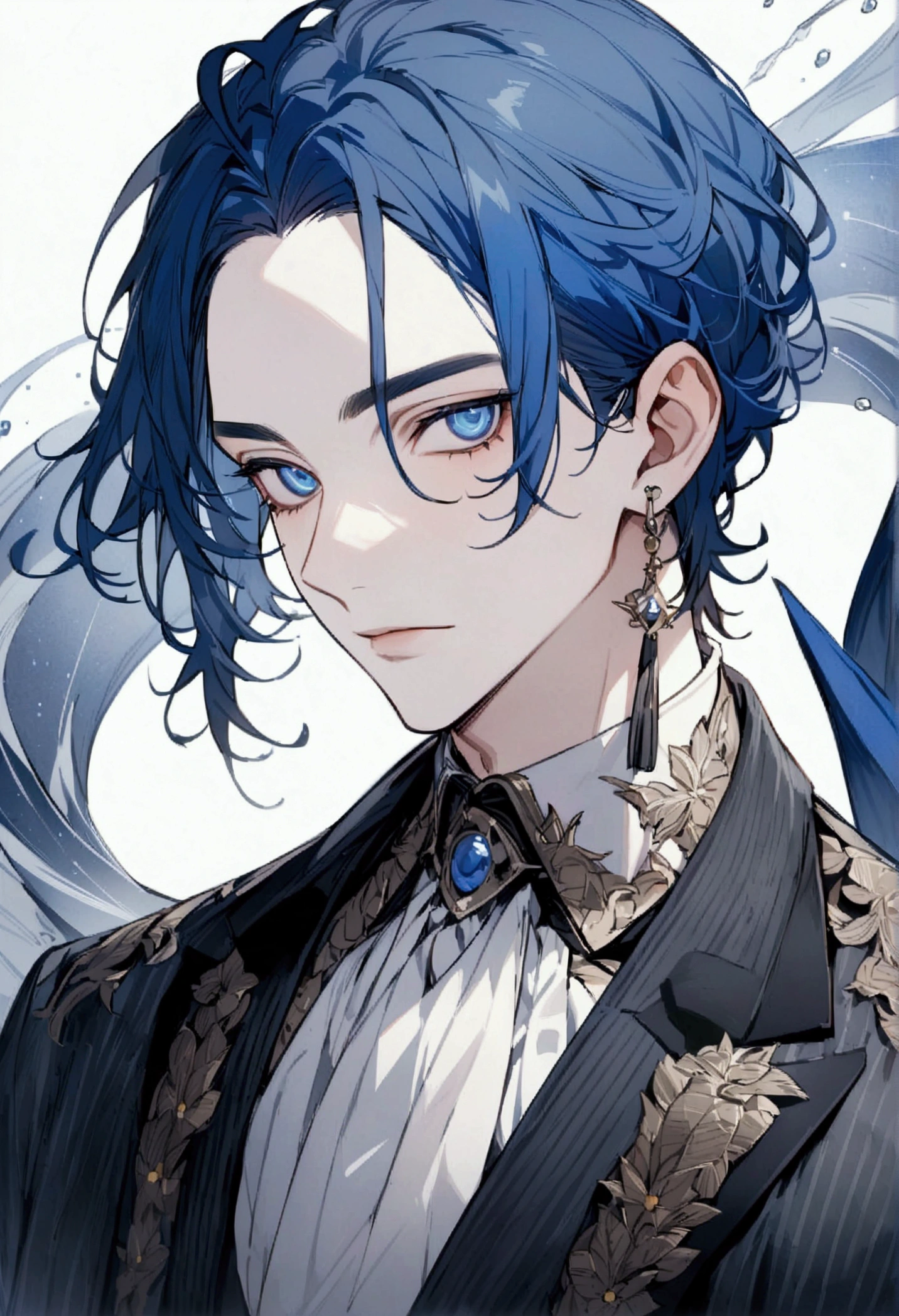 whole body、whole body、whole body、whole body、Character portrait、male、masterpiece、Handsome、uncle、The forehead is visible、Blue Hair、Long earrings、Worn suit、Jacket、Give bangs、Showing his forehead、Handsome、Intricately drawn eyes、good looking、Plain white background、Starry Ski、White background、whole body、Character portrait、Character portrait