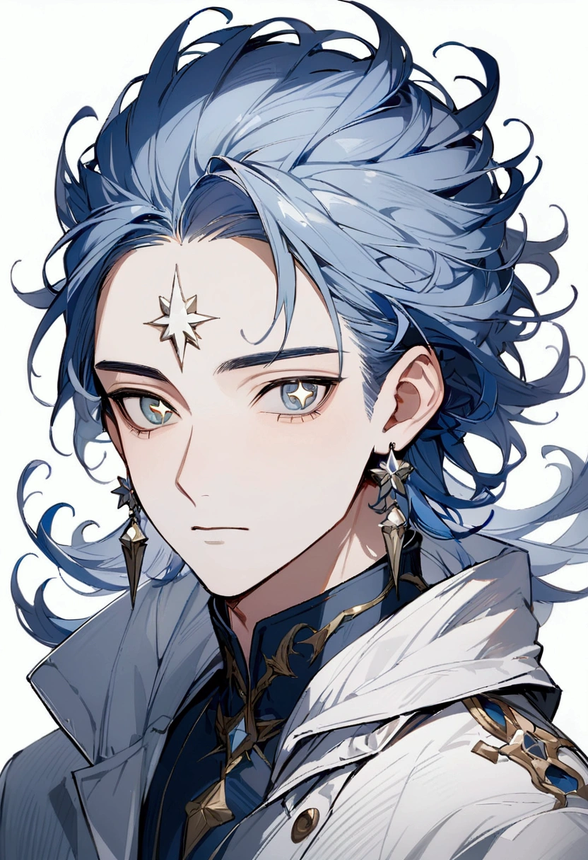 A young man with light blue hair like a Naga, fancy clothes and fangs