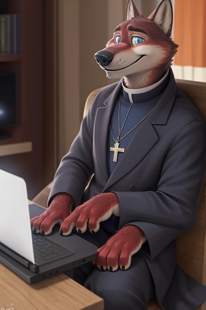 Joachim Wolfbach (Zootopia),tall handsome, wolf,young, 24 years, brown fur,(red body:1.3),Blue eyes, Moscow Dressed,Catholic priest of the Roman Catholic Church, canine, wolf, detailed fur, Male, antro, paw pads, finger claws,holding a laptop, at viewer, 5 fingers, paws, 5 fingers, smile, happy, resting, wrist watch, т nextel, sitting at home watching TV, by xenoforge, (difficult, high detail, film photography, soft focus, RAW, pilot by training,smile смех 
фотореализм, realistic, photorealistic, analog style, subsurface scattering, 
masterpiece, Best quality, ultra realistic, 8 K)