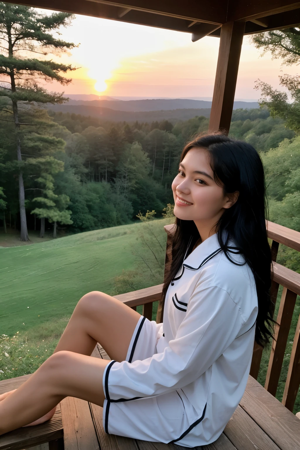 A girl with black hair wearing pajamas, about 20 years old. Sitting on the balcony of a house in the middle of a forest filled with beautiful grass. Turn to watch the sunset with 1 dog.