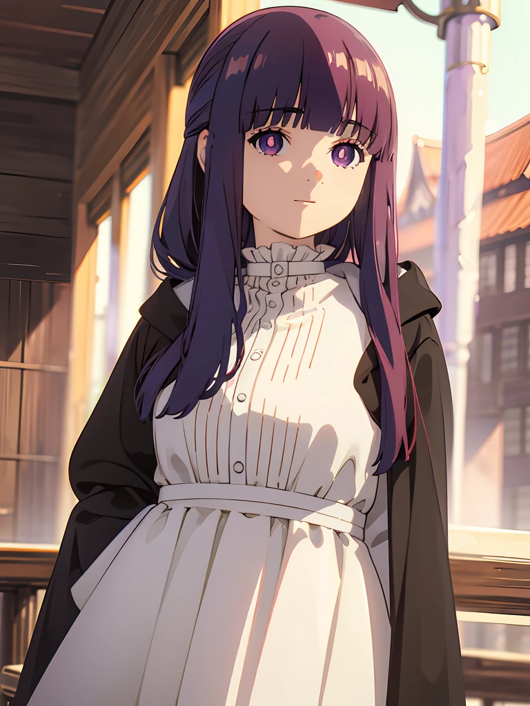 è²ä¼¦,1girl,solo,red-haired,long hair,green eyes,blunt bangs,sidelocks,half updo,bright pupils, hair ornament,frilled collar,black robe,white dress,center frills,buttons,wide sleeves,long sleeves,curvy,cowboy shot,brown coat,from side,smile,, Exquisite visuals, high-definition,masterpiece,best quality,, 20yo,Young female,Beautiful Finger,Beautiful long legs,Beautiful body,Beautiful Nose,Beautiful character design, perfect eyes, perfect face,expressive eyes, looking at viewer, official art,extremely detailed CG unity 8k wallpaper, perfect lighting,Colorful, Bright_Front_face_Lighting,shiny skin, (masterpiece:1.0),(best_quality:1.0), ultra high res,4K,ultra-detailed, photography, 8K, HDR, highres, absurdres:1.2, Kodak portra 400, film grain, blurry background, bokeh:1.2, lens flare, (vibrant_color:1.2), (beautiful_face:1.5),(narrow_waist),
