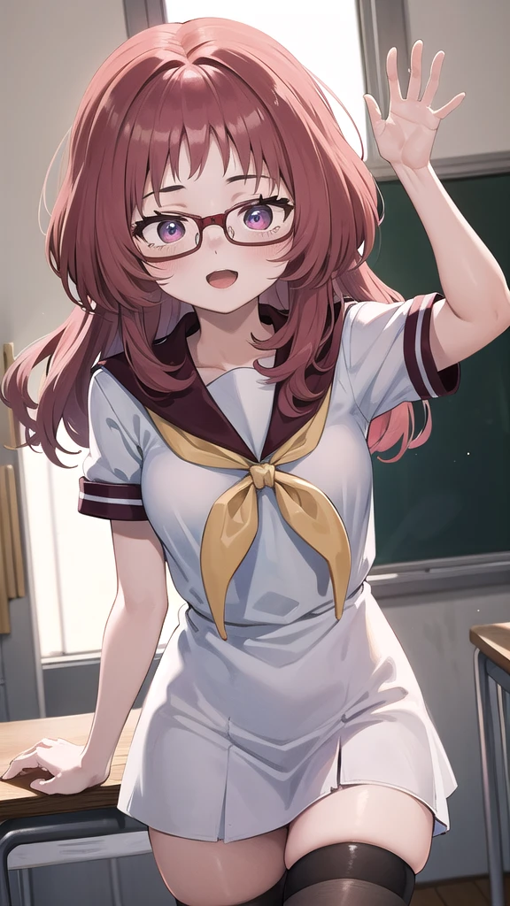 Masterpiece, perfect lighting, (beautiful, Best quality: 1.3), Perfect eyes, absurd, 8k, 1 girl, alone, (absurds), finely detailed, very large, Violet eyes, red hair, red glasses, small breasts, smiling , open mouth, in love, looking at viewer, from behind, glasses, wide, black stockings, Serapuku, sailor collar, yellow scarf, white shirt, red dress, red hair, classroom